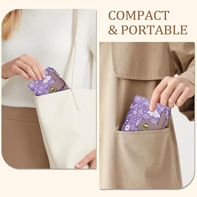 Goth Gothic Small Wallet Women RFID Blocking Bifold, Credit Card Holder, Zipper Coin Pocket, Witchy Magic, PU Leather, Compact, Travel, 4 ID Window, 14 Card Slots, Cash Purse, Ladies Woman