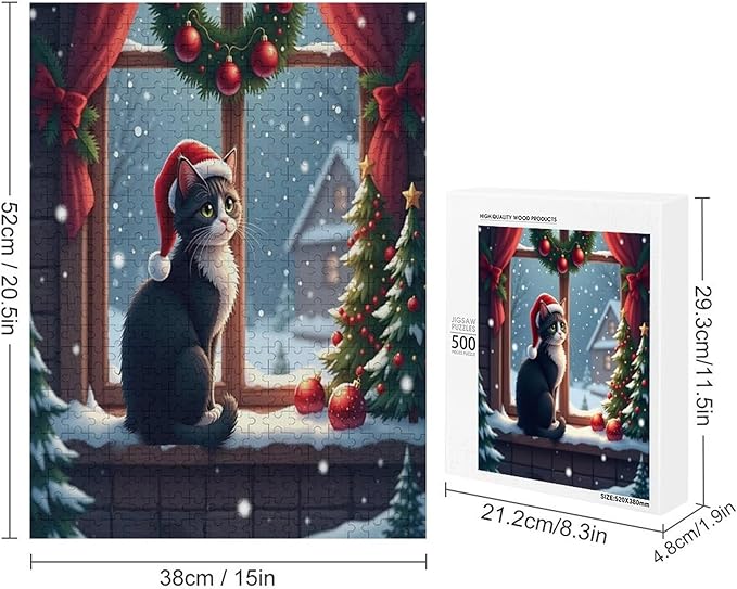 Jigsaw Puzzles for Adults 500 Piece - Christmas Black Cat Wooden Puzzles, Stress Relief Games, Funny Puzzles，Unique Gifts for Wall Art，Family Puzzles，Educational Games