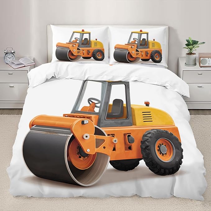 Cartoon Road Roller Bedding Set Oversized King Construction Vehicle Duvet Cover Orange Engineering Truck Comforter Cover Cartoon Children's Bed Set with Pillowcases for Bedroom