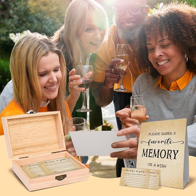 QUPT 40-1986 1986 Birthday Gifts for Women Men, 1986 Wooden Share A Memory Box with Memory Sign and 50 Pcs Memory Cards, 40th Birthday Party Decorations