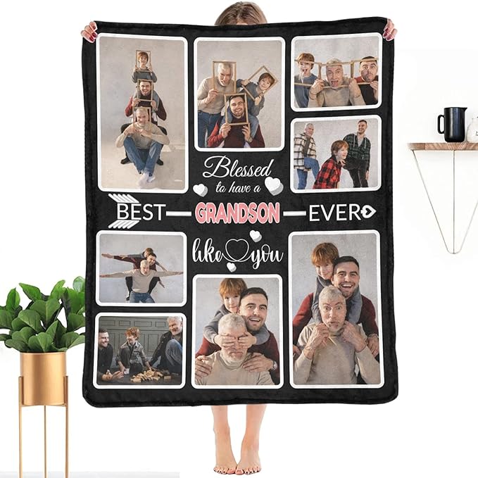 Custom Blanket Gifts for Grandson, Customized Blankets with Photos, Make a Personalized Bed Throws to My Grandson, Custom Souvenir Throw Blanket for Best Grandson Ever, 8 Collages Made in USA