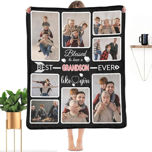 Custom Blanket Gifts for Grandson, Customized Blankets with Photos, Make a Personalized Bed Throws to My Grandson, Custom Souvenir Throw Blanket for Best Grandson Ever, 8 Collages Made in USA