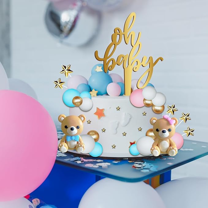 38 Pieces Bear Cake Topper Decorations Set- Oh Baby Cake Topper，Stars，Pearl Balls Cake Decoration for Gender Reveal party Baby Shower Supplies, He or She Gender Reveal Party（blue and pink）