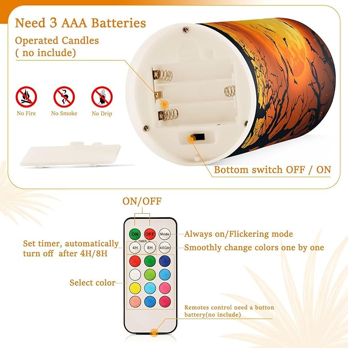 ALAZA Halloween Moon Tree Bat Flickering Flameless Candles Battery Operated with Remote Timer,Tea Light Candles LED Pillar Votive Candles Set of 2 for Outdoor Indoor Decorations