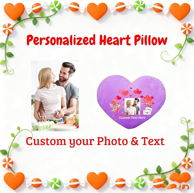 Custom Heart Pillow with Insert, Personalized Heart Shaped Pillow with Photo Text as Valentine Pillows for Girlfriend Boyfriend Home Decor Personalized Gifts for Valentines Day Anniversary