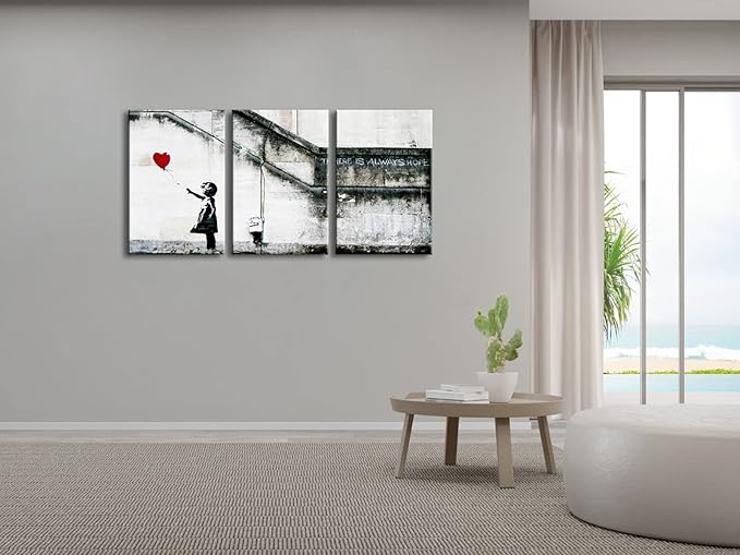 Wieco Art Banksy Grafitti Girl with Red Balloon Modern 3 Piece Famous Canvas Paintings Wall Art Inspirational Grey Love Pictures Print Artwork for Dining Room Kitchen Home Office Decor