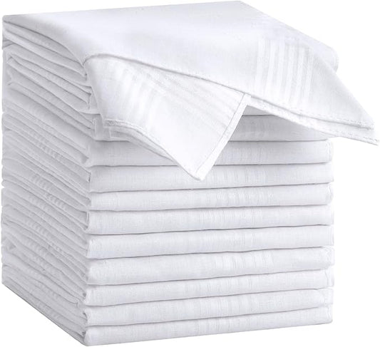 12 Pack Handkerchiefs for men, 100% Soft Cotton 16x16 Inch Men's Handkerchiefs, White Classic Pocket Hankies