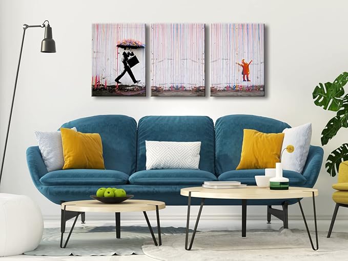 Wieco Art 3 Piece Banksy Famous Canvas Paintings Wall Art Raining day Modern Inspirational Grey Love Pictures Print Artwork for Kitchen Home Office Decor