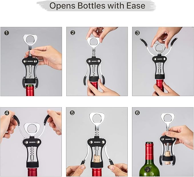 Beneno Wine Opener with Stainless Steel Wine Foil Cutter - Bottle Top Seal Cutter, Zinc Alloy Premium Wing Corkscrew with Multifunctional Bottles Opener, Midnight Black