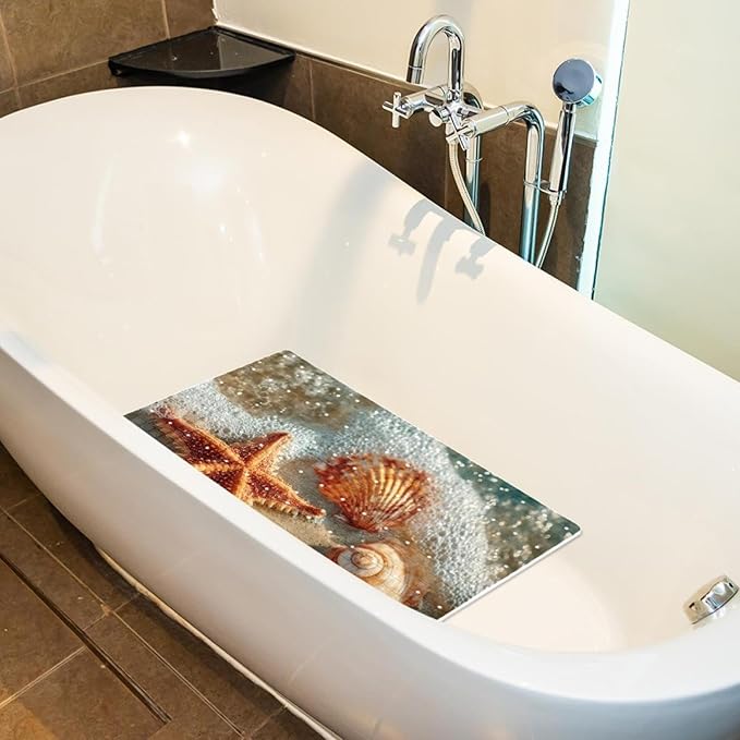 Non Slip Bath Mat for Tub, 15.1 x 26.8 Inch Bathtub Mat Machine Washable Shower Mat with Drain Holes and Suction Cups, Starfish and Seashell on The Beach in Sea Water