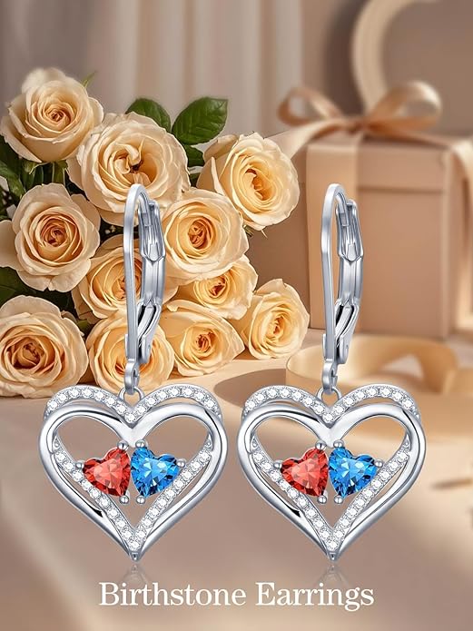 Heart Leverback Earrings Double Birthstone Dangle Earrings for Women, Love Jewelry for Her, Christmas Gifts for Women, Anniversary Birthday Gift for Mom Wife Girlfriend