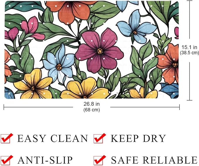 Non Slip Bath Mat for Tub, 15.1 x 26.8 Inch Bathtub Mat Machine Washable Shower Mat with Drain Holes and Suction Cups, Spring Garden Floral Leaves and Wild Flowers