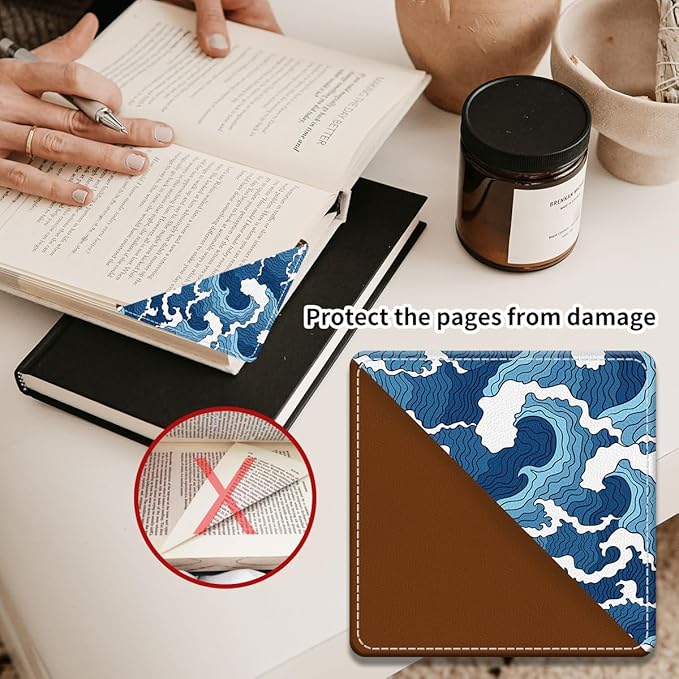 Cute Leather Bookmarks, Fun Triangle Making Corner Bookmark, Book Accessories for Reading Book Lovers, Unbreakable Page Markers for Women Men Cute Blue Sea