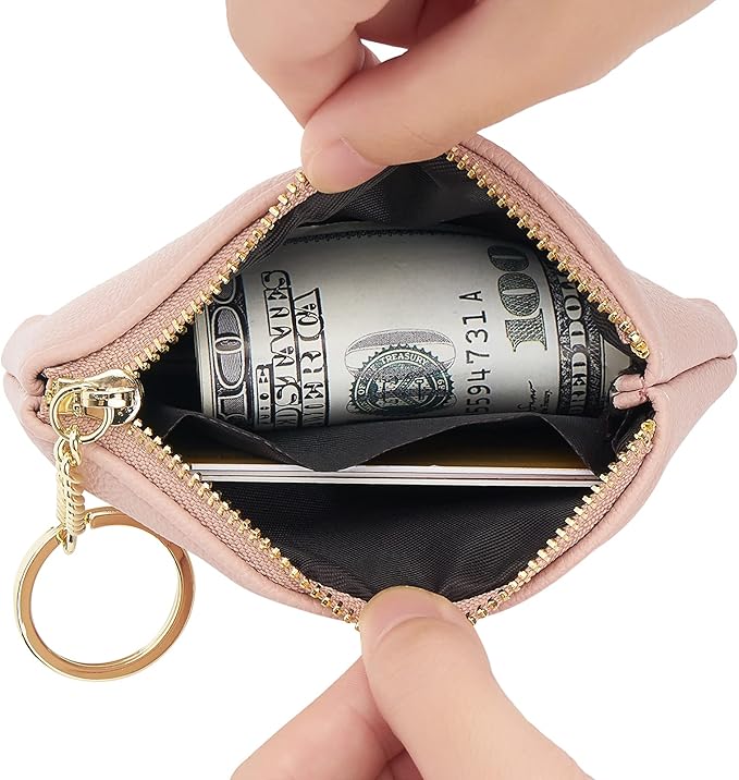 WOZEAH Artificial Leather Coin Purse Change Purse With Key Chain Ring Zipper For Men Women (A Pink)