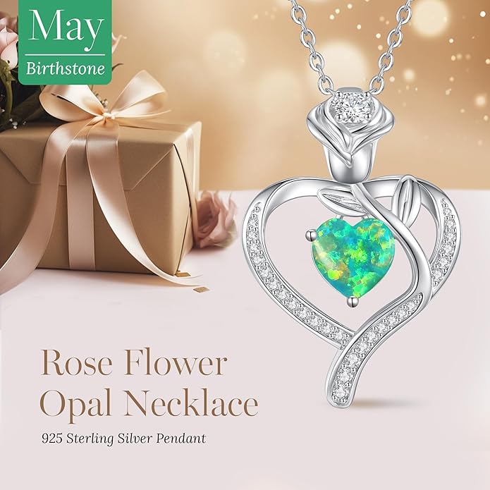 LOUISA SECRET Rose Flower Heart Birthstone Necklaces for Women, 925 Sterling Silver Fine Jewelry, Pendant Heart Necklaces Birthday Anniversary Christmas Gift for Women Wife Mom Girlfriend Lady