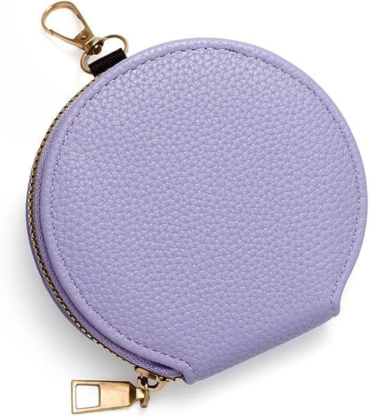 Women’s Small Coin Purse, Vintage Zipper Change Purse, Pocket-Sized, Solid Color, Round Coin Bag with Keychain - Purple