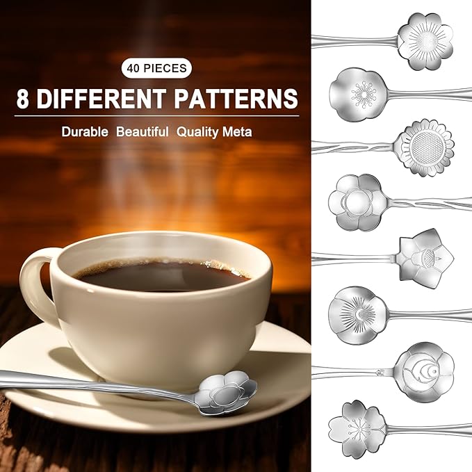 Eboot 40 Pcs Silver Flower Teaspoon Stainless Steel Tea Party Spoons Mini Cute Teaspoon for Stirring Coffee Sugar Drink Demitasse Kitchen Bar Tableware Party Favors Decorations