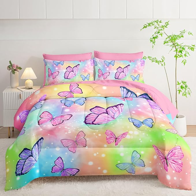 7Pcs Comforter Set Rainbow Butterfly Printed Bedding Set with 1 Comforter, 1 Flat Sheet, 1 Fitted Sheet and 4 Pillowcases for Boys and Girls Bedroom All Season(Twin)