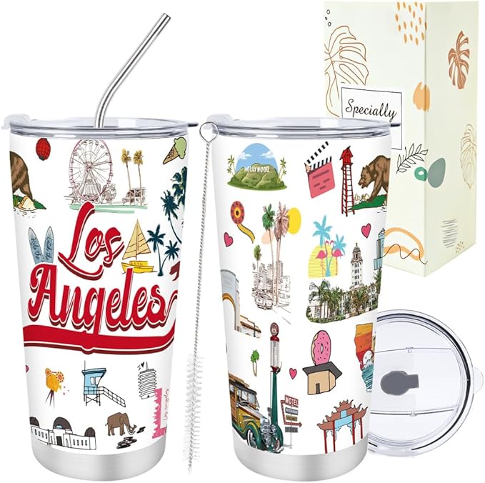 Keluna Los Angeles Souvenirs Gifts - 20Oz Stainless Steel Los Angeles Travel Mug with Lids Straw Brush Insulated, California City Travel Trip Birthday Christmas Mothers Day Gifts for Friend Family