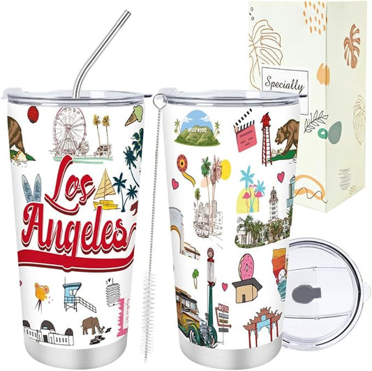 Keluna Los Angeles Souvenirs Gifts - 20Oz Stainless Steel Los Angeles Travel Mug with Lids Straw Brush Insulated, California City Travel Trip Birthday Christmas Mothers Day Gifts for Friend Family
