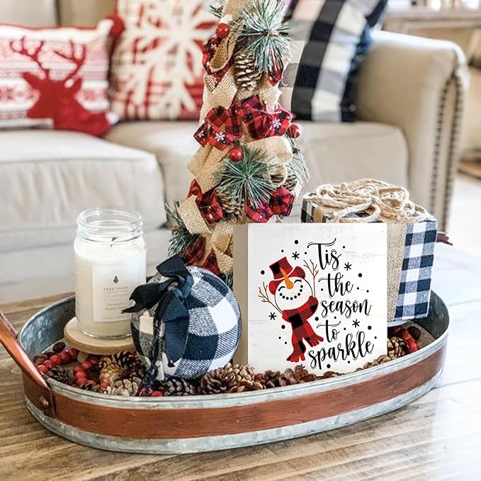 Mtrgdn Christmas Snowman Decor Sign,Winter Tis the Season to Sparkle Snowman Wooden Box Sign,Christmas Decorations for Home Bathroom Bedroom Office Table Desk Shelf Wall Decoration,5x5 Inch