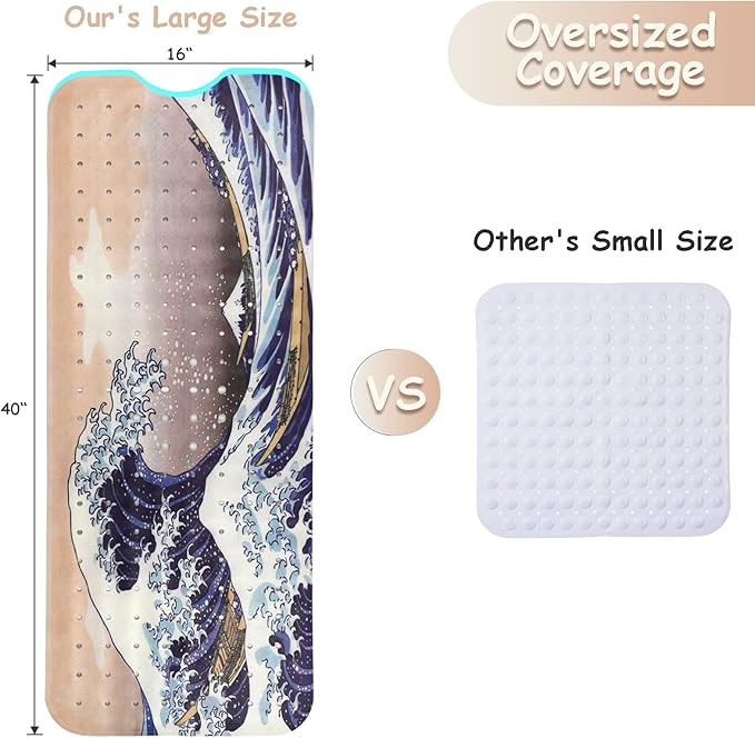 Bathtub Mat Non Slip, Japanese Wave Extra Long Bath tub Mat Shower Floor Mat with Suction Cups and Drain Holes for Adults Kids Elderly 40 X 16 Inch