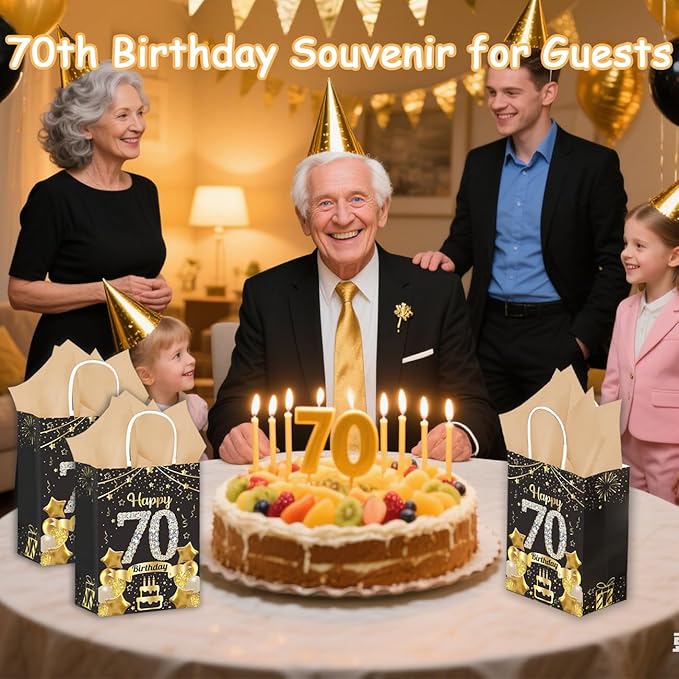 50Pcs 70th Birthday Party Favors Gift Bags Bulk, Black and Gold Happy 70th Gift Candy Wrap Bags with Tissue Paper, Vintage 70th Birthday Decorations Souvenir Bag for Men Women Anniversary Supplies (70th)
