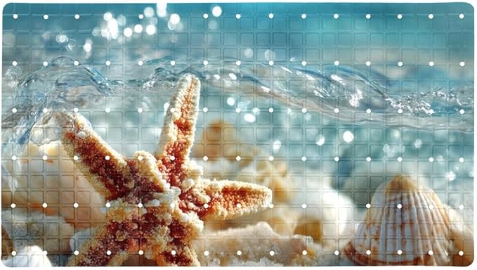 Bathtub Mats for Shower Tub, Starfish and Seashells in Blue Sea Water Ocean Background Anti-Slip Bath Mats for Inside Tub, Bathroom Shower Mats with Drain Holes and Suction Cups