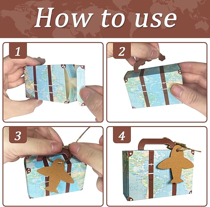 100Pcs Party Favor Candy Box, World Map Mini Suitcase Favor Box, Vintage Kraft Paper with Tags and Burlap Twine for Travel Themed Party, Bridal Shower, Wedding Decorations