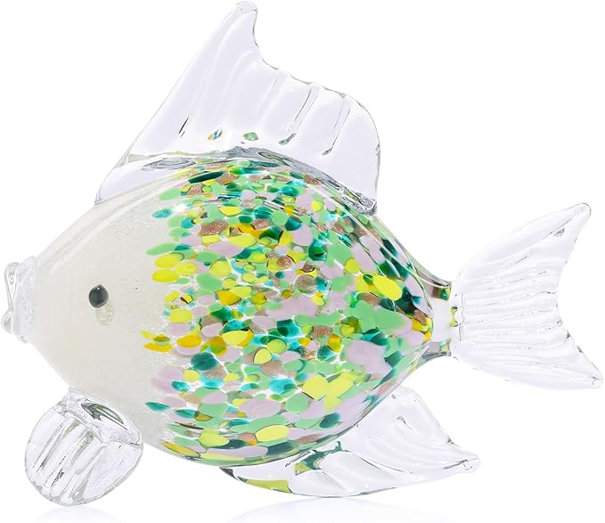 Large Hand Blown Glass Fish Figurines, Aquarium Sea Glass Art, Emerald Green Fish Statue Sculpture Modern Coastal Accent - for Beach Knick Knacks, Coffee Tables, Nautical Offices Centerpiece