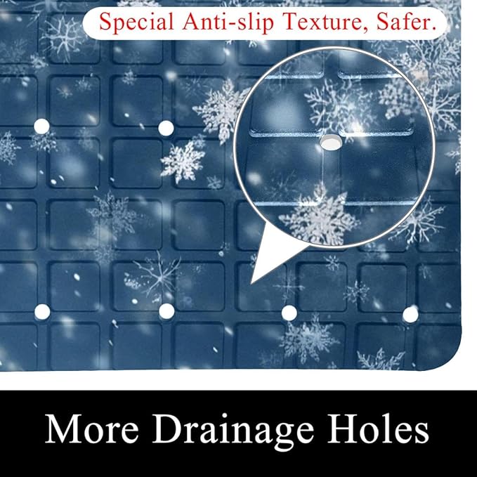 Christmas White Snowflakes on Blue Background Bath Tub and Shower Mats, Non Slip Bathmat with Drain Holes and Suction Cups for Bathroom Floor, 15.1 x 26.8 Inch