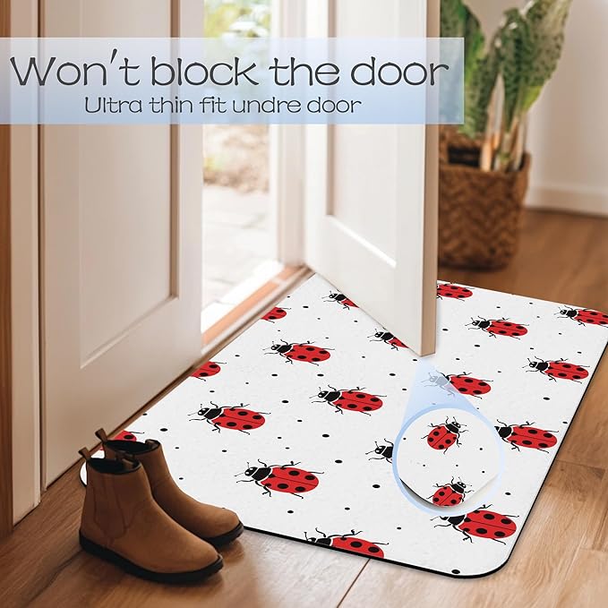 Cute Red Ladybugs Bathroom Rug 29.5"x17", Super Absorbent Fast Drying Bath Mat with Non-Slip Rubber Backing, Thin Low-Profile Easy-Clean Bathroom Floor Mat for Shower or Tub