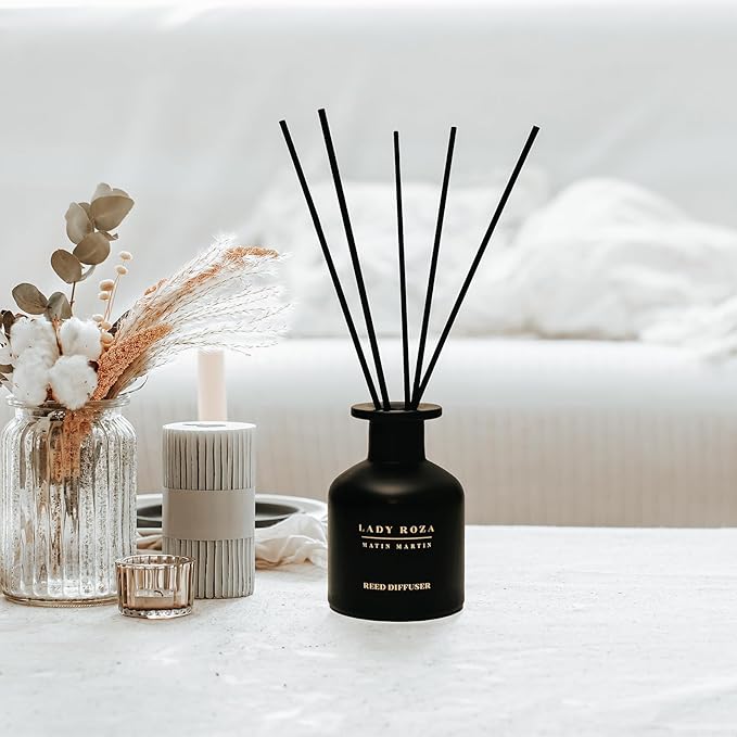 Matin Martin Lady Roza Reed Diffuser 5 oz - Luxury Aromatherapy with Rose & Red Fruits - Home Decor Gift for Bedroom, Office, Living Room, Bathroom - Long Lasting Scent with Premium Fragrance Sticks