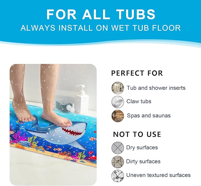 XIYUNTE Baby Bath Mat for Tub Non Slip Kids Bath Mat - 40''x16'' Extra Long Cartoon Shark Baby Bath Tub Mat Eco-Friendly Toddler Bath Mats with Suction Cups & Drain Holes, Easy to Clean & Easy Drying
