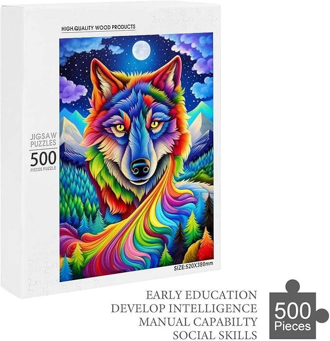 Wooden Puzzle - Colorful Wolf Jigsaw Puzzles，Wooden Puzzles for Adults 500 Pieces Challenge Puzzles，Educational Games，Family Puzzles，Unique Gifts for Wall Art,Funnny Puzzles