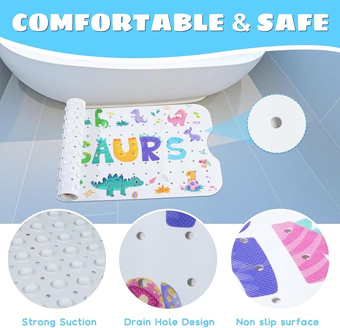 Baby Bath Mat for Tub Non Slip Kids Bathtub Mat Extra Long 40X16 Inch Toddler Bath Tub Shower Mat Anti Slip with Suction Cups & Drain Holes, Machine Washable (Dino Letters)