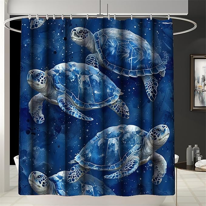 Sea Turtle Shower Curtain - 4 Pcs Turtle Bathroom Shower Curtain Sets with Rug Turtle Shower Curtains for Bathroom Sea Turtle Bathroom Decor for Bathroom Decor with 12 Hooks