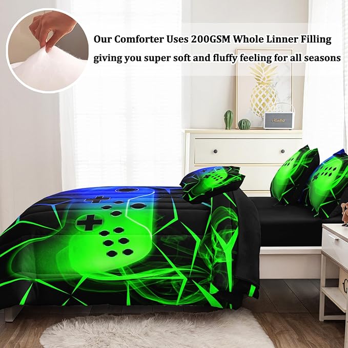 6 Pcs Full Bedding Set for Boys, Green-Blue Full Size Bed in A Bag Gamer Boys Comforter Set for Teens
