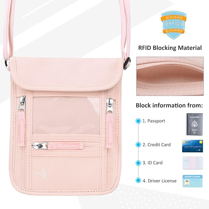 WALNEW Passport Holder Neck Pouch Travel Wallet for Women and Men, RFID Blocking Security Slim Traveling Wallet with Around Neck Lanyard Strap