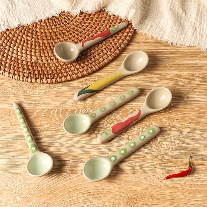 4-PCS hand-painted ceramic afternoon tea and coffee stirring spoon set, long-handled dessert spoons, handcrafted ceramic spoons, coffee spoons, teaspoons, size 4.9*1.3in (12.5*3.5cm) (Round handle)