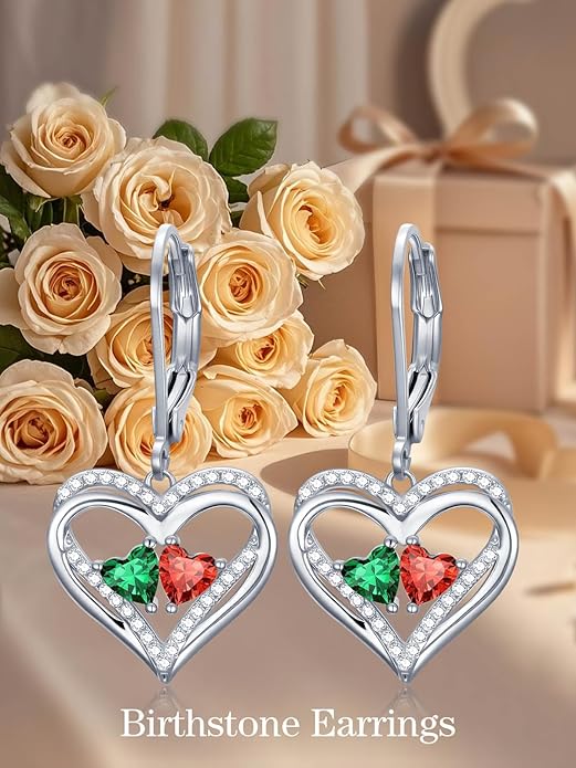 Heart Leverback Earrings Double Birthstone Dangle Earrings for Women, Love Jewelry for Her, Christmas Gifts for Women, Anniversary Birthday Gift for Mom Wife Girlfriend