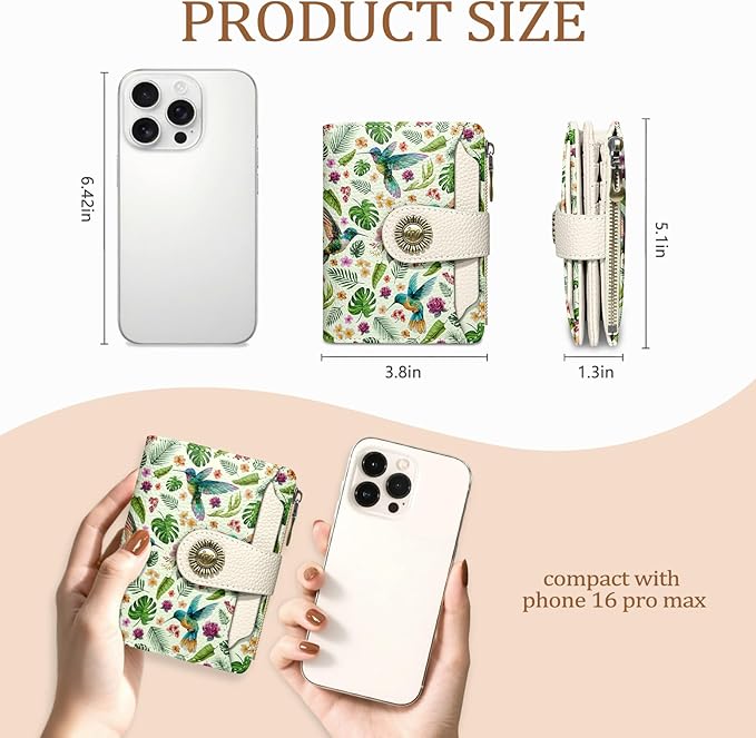 Hummingbird Small Wallet Women RFID Blocking Bifold, Cute Credit Card Holder, Zipper Coin Pocket, PU Leather, Compact, Travel, 4 ID Window, 14 Card Slots, Cash Purse, Ladies Woman Female Girls