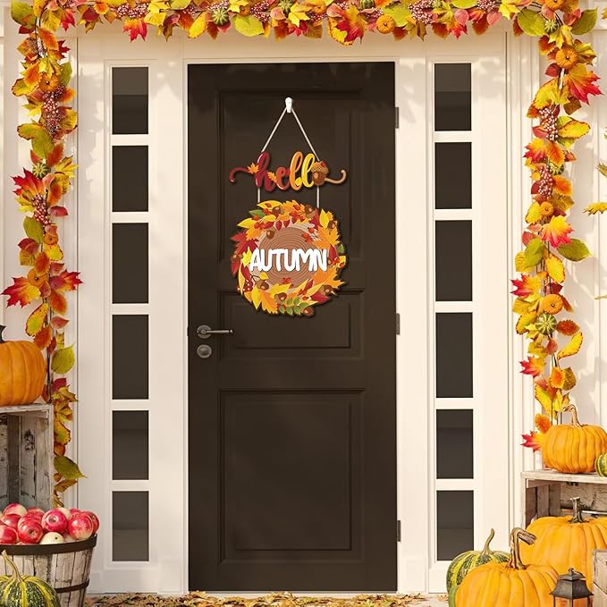 CHDITB Hello Autumn Wooden Sign, Fall Themed Wooden Hanging Plaque, Hello Fall Front Door Hanger, Maple Leaves Wall Art Sign Farmhouse Thanksgiving Living Room Bedroom Office Wall Decor
