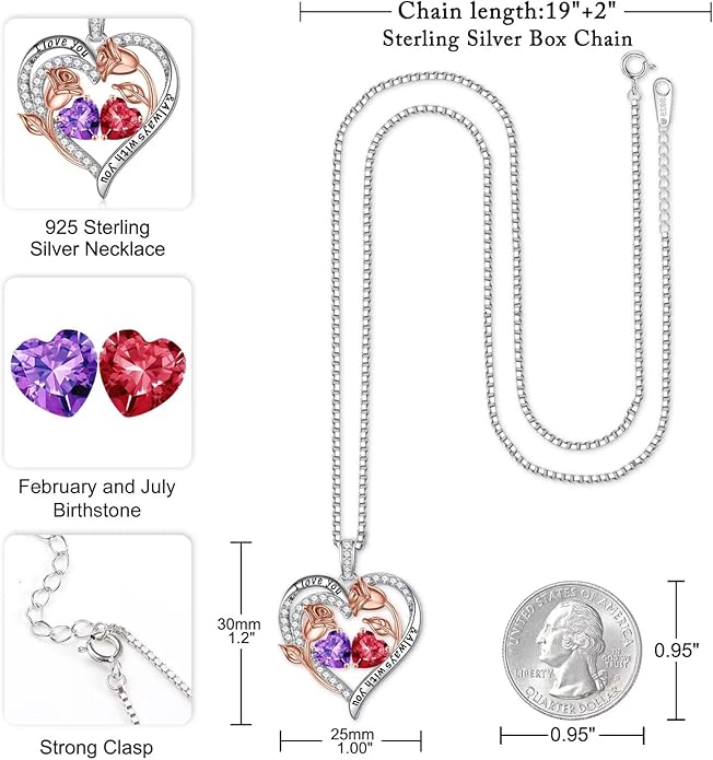 Iefil Valentines Day Gifts for Her - 925 Sterling Silver Rose Heart Birthstone Necklace Birthday Anniversary Jewelry Gifts for Her Wife Mom Daughter