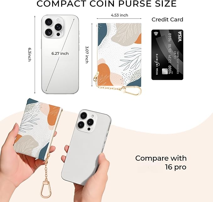 Boho Leaves Abstract Keychain Coin Purse for Women, Small PU Leather Change Pouch, Zipper Little Tiny Travel Wallet for Girls, Cute Kawaii Zip Pocket Coin Holder with Key Ring