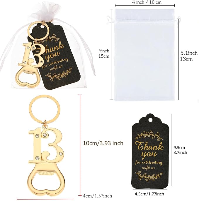 24 pcs 13th Gold Keychain Bottle Opener Birthday Party Favors for Guests,13th Beer Bottle Opener Favors Bulk for 13 Birthday Anniversary Souvenirs Party Decor Supplies (Gold 13th)