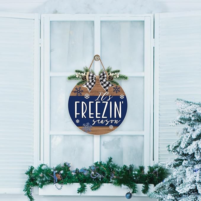 Deroro Winter It's Freezin' Season Blue Front Door Sign, Farmhouse Snowflake Wood Hanger Outdoor Outside Porch Decor, Rustic Christmas Wooden Wreath Indoor Wall Hanging Decoration with Plaid Bow