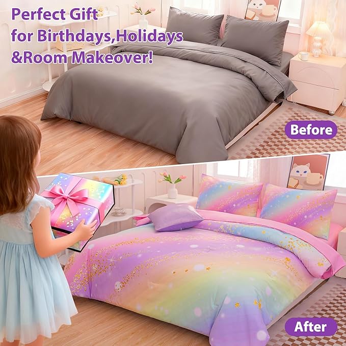 Rainbow Bedding Set Full Size – 6-Piece Reversible Girls Comforter with Deep-Pocket Sheet, Gradient Galaxy Design, Whole-Piece Filling, Machine Washable Bed-in-a-Bag for Kids Room Makeover & Gifts