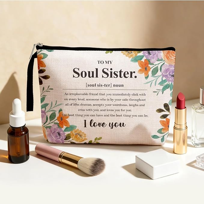 Sisters Gifts from Sister Inspirational Soul Sister Definition Noun Makeup Bag Friendship Gifts for Women Best Friends Women Bestie BFF Cosmetic Bag Zipper Pouch Bag Travel Bag for Christmas Birthday