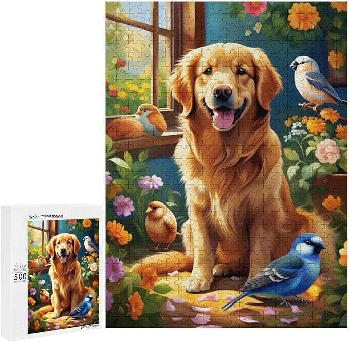 Wooden Puzzle - Garden Golden Retriever Jigsaw Puzzles，Wooden Puzzles for Adults 500 Pieces Challenge Puzzles，Educational Games，Family Puzzles，Unique Gifts for Wall Art